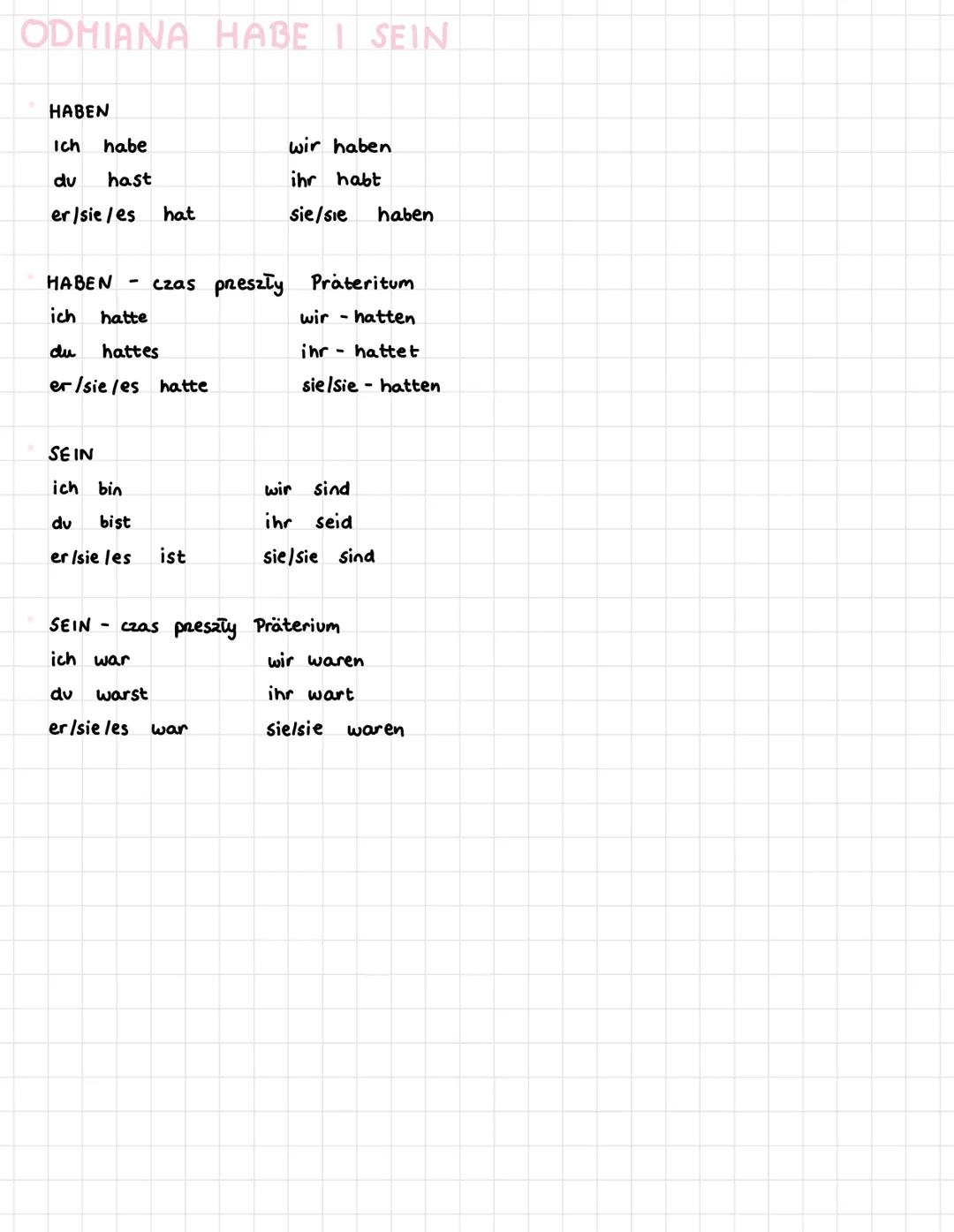 --- OCR Start ---
ODMIANA HABE I SEIN
HABEN
Ich habe
du hast
er/sie/es hat
HABEN - czas preszły Präteritum
ich hatte
du hattes
er/sie/es hat