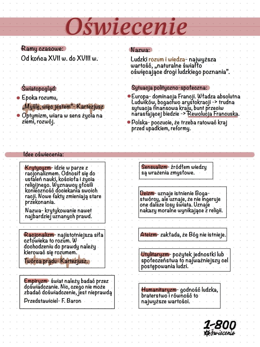 Ramy czasowe:
Oświecenie
Od końca XVII w. do XVIII w.
Światopogląd:
• Epoka rozumu,
„Myślę, więc jestem”- Kartezjusz
• Optymizm, wiara w sen