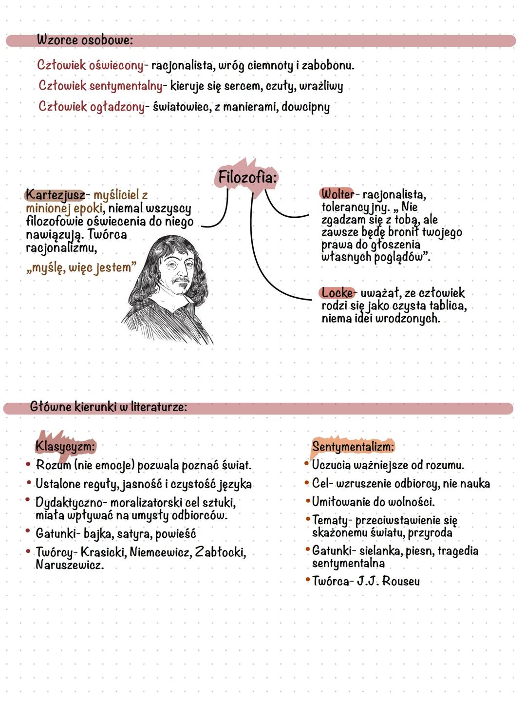 Ramy czasowe:
Oświecenie
Od końca XVII w. do XVIII w.
Światopogląd:
• Epoka rozumu,
„Myślę, więc jestem”- Kartezjusz
• Optymizm, wiara w sen