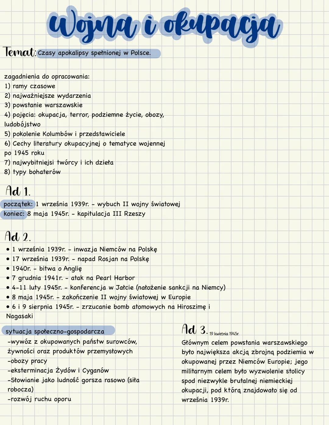# Wojna i okupacja
**Temat:** Czasy apokalipsy spełnionej w Polsce.
zagadnienia do opracowania:
1) ramy czasowe
2) najważniejsze wydarzeni