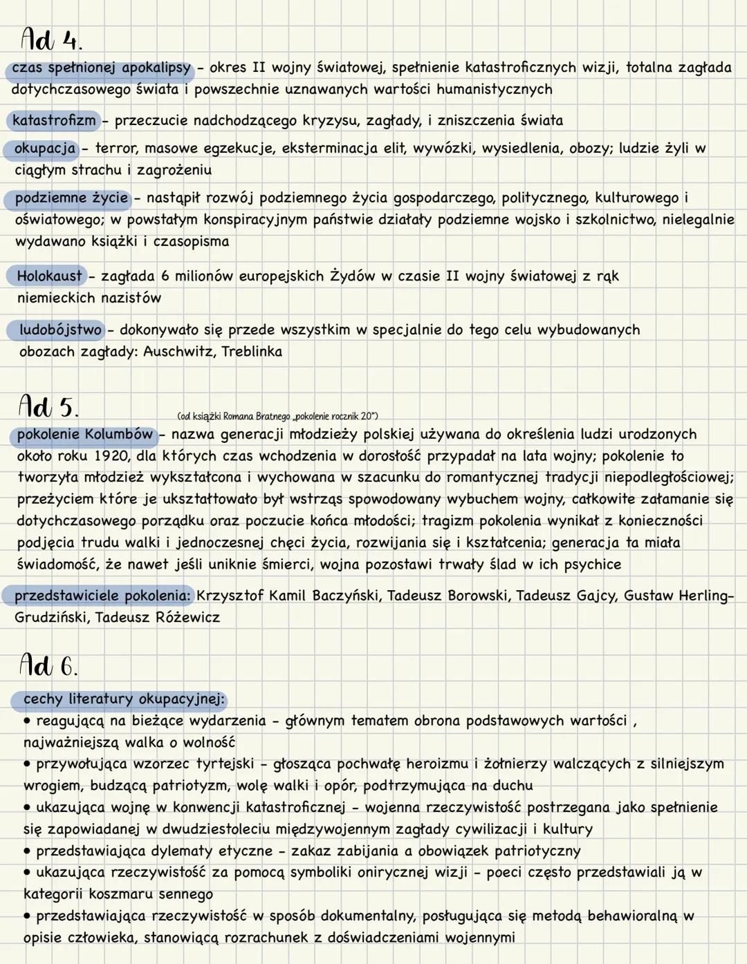 # Wojna i okupacja
**Temat:** Czasy apokalipsy spełnionej w Polsce.
zagadnienia do opracowania:
1) ramy czasowe
2) najważniejsze wydarzeni