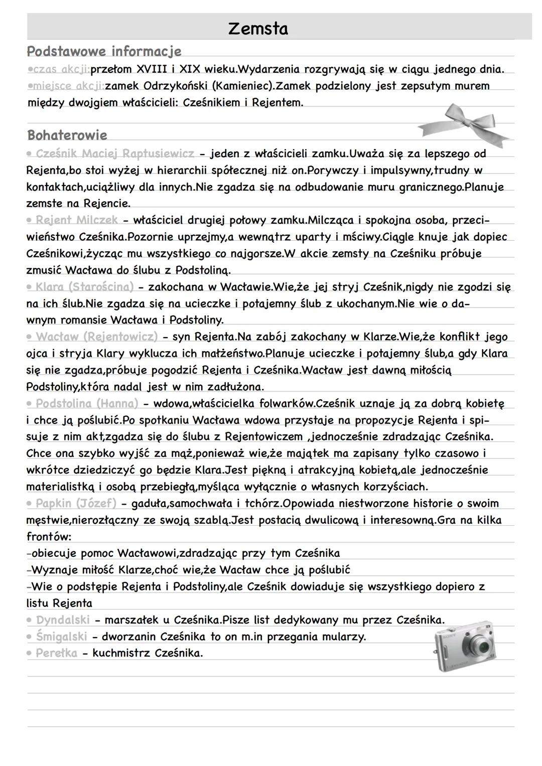 # Zemsta
Podstawowe informacje
⚫czas akcji przełom XVIII i XIX wieku. Wydarzenia rozgrywają się w ciągu jednego dnia.
@miejsce akcji:zame