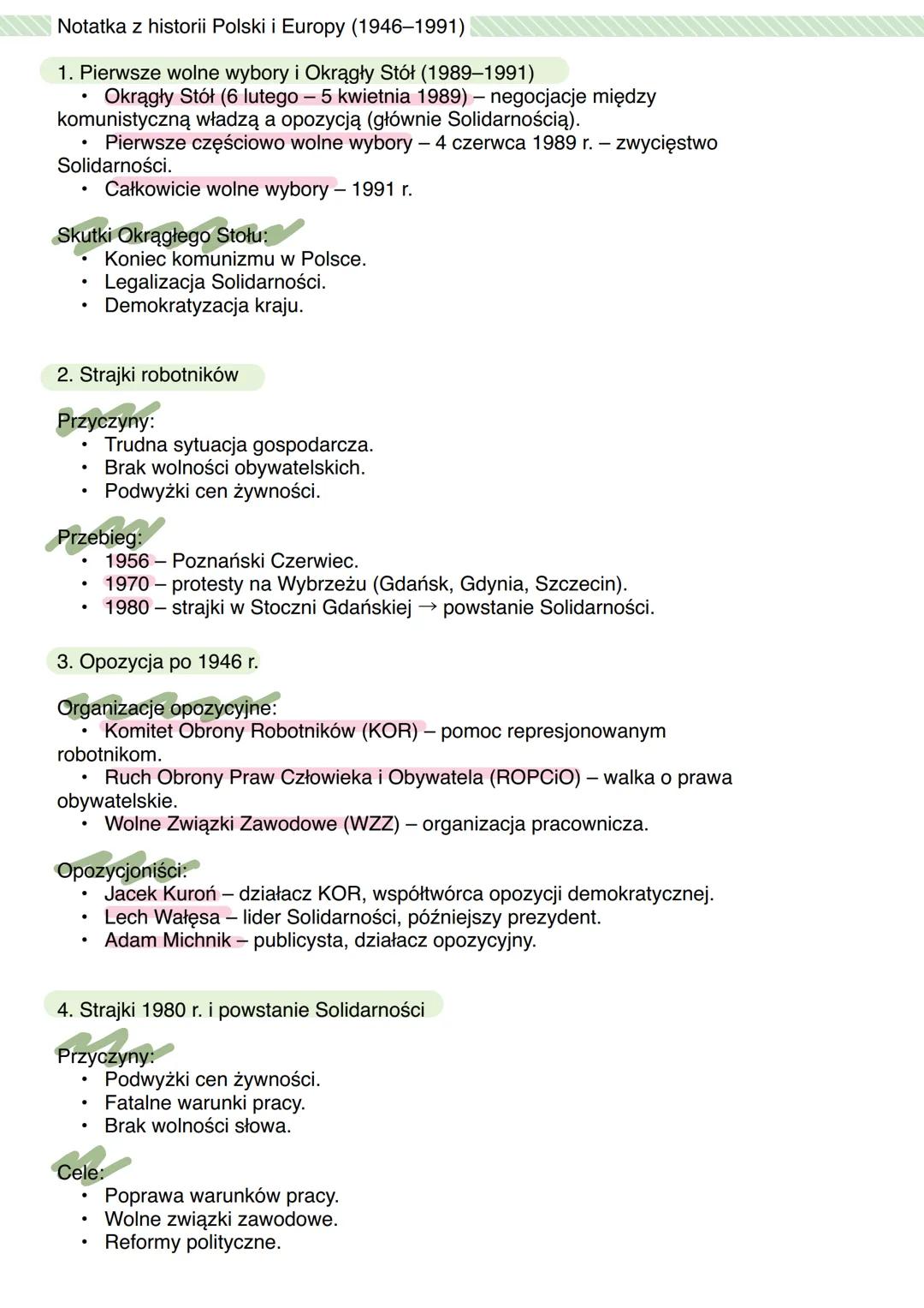# Notatka z historii Polski i Europy (1946-1991)
1. Pierwsze wolne wybory i Okrągły Stół (1989-1991)
- Okrągły Stół (6 lutego - 5 kwietnia