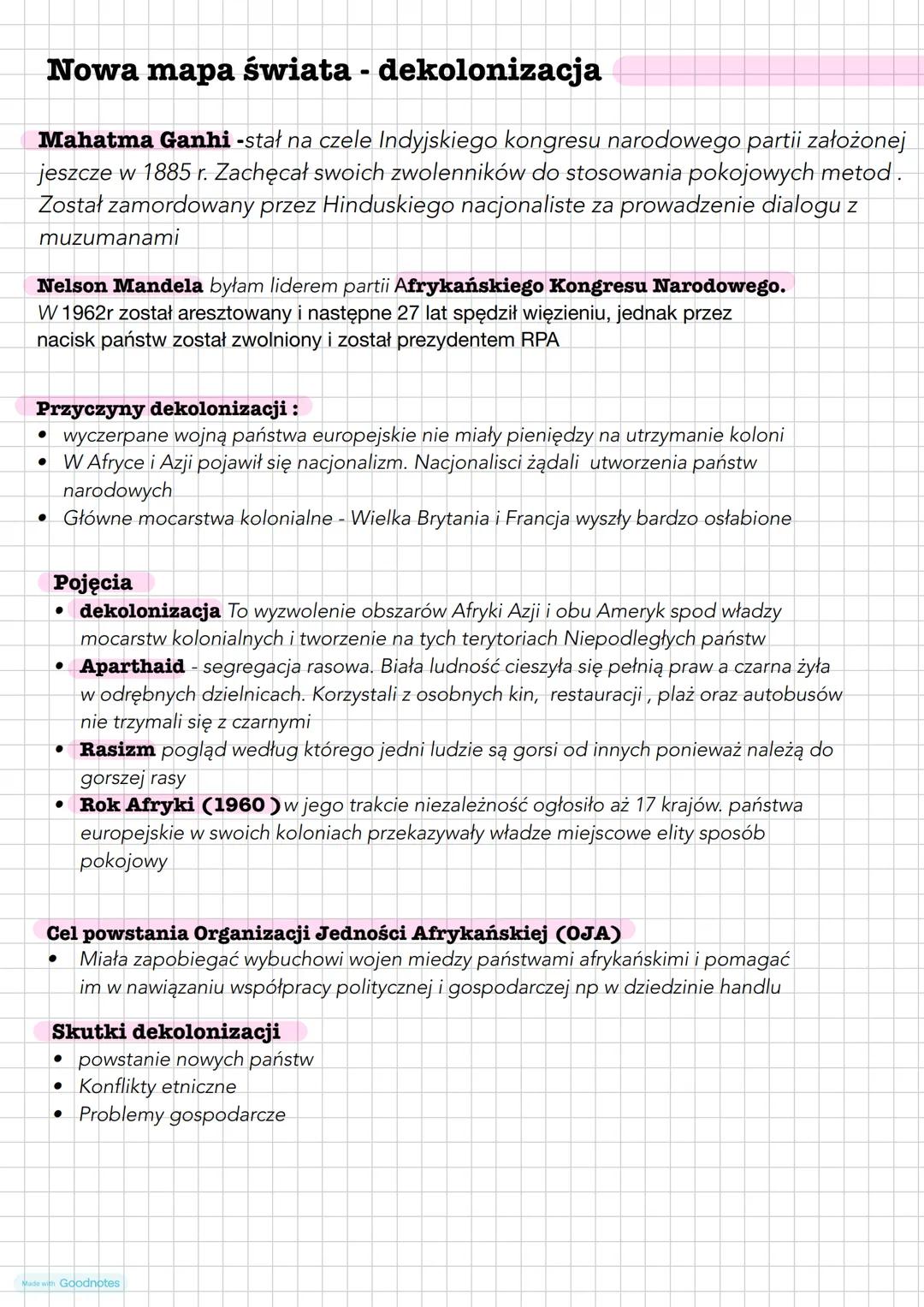 # Nowa mapa świata - dekolonizacja
Mahatma Ganhi -stał na czele Indyjskiego kongresu narodowego partii założonej
jeszcze w 1885 r. Zachęcał