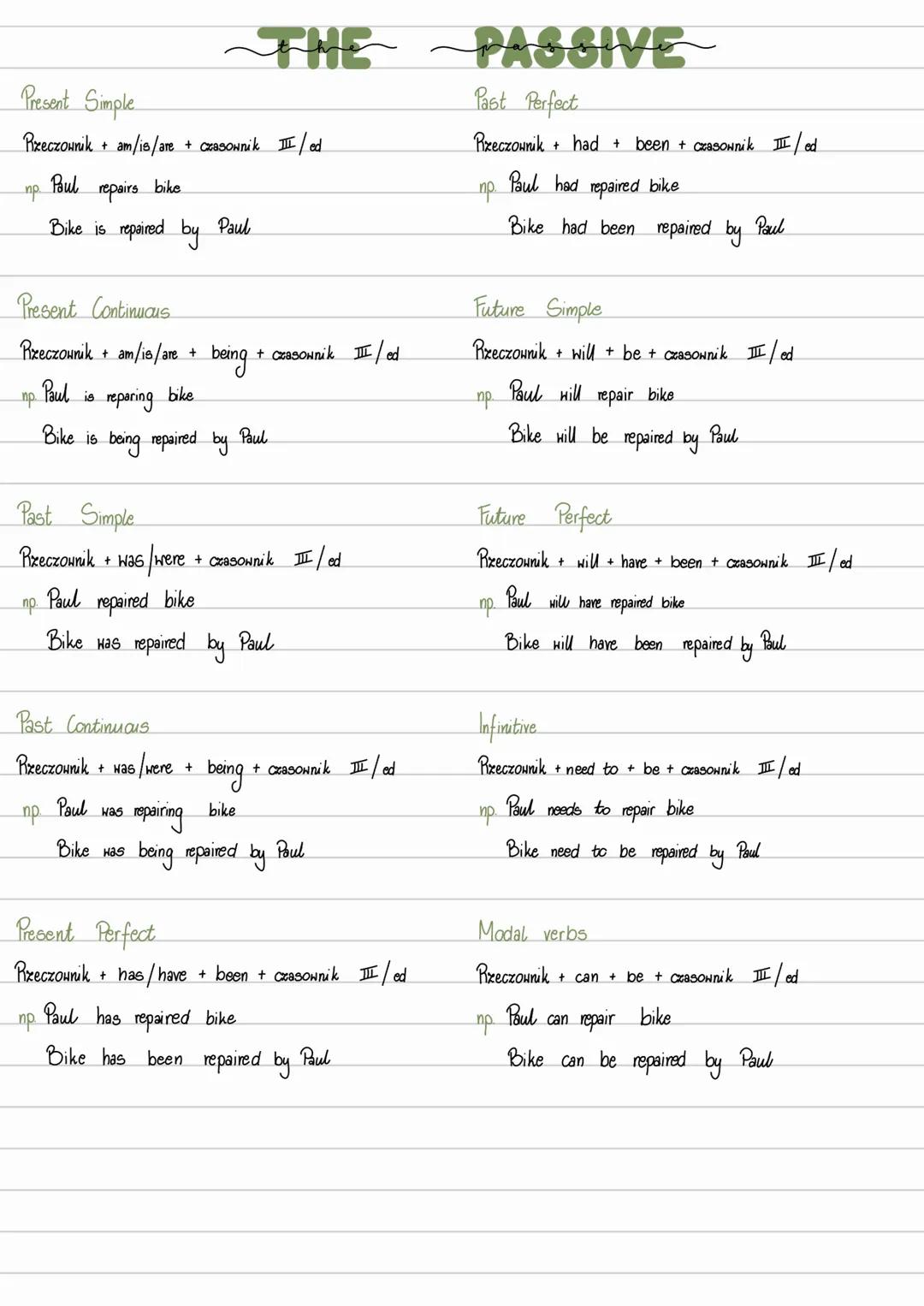 ## THE ~ PASSIVE
Present Simple
Rzeczownik + am/is/are + czasownik III/ed
np Paul repairs bike
Bike is repaired by Paul
Present Continuo