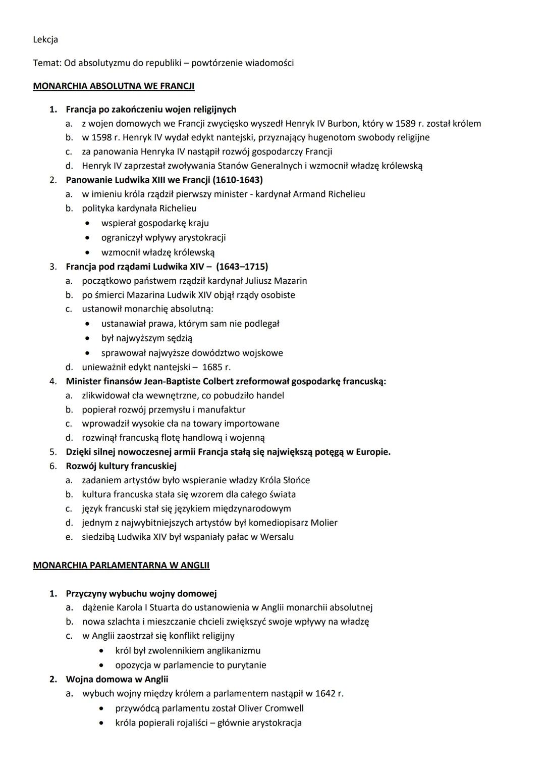 Lekcja
Temat: Od absolutyzmu do republiki - powtórzenie wiadomości
MONARCHIA ABSOLUTNA WE FRANCJI
1. Francja po zakończeniu wojen religi