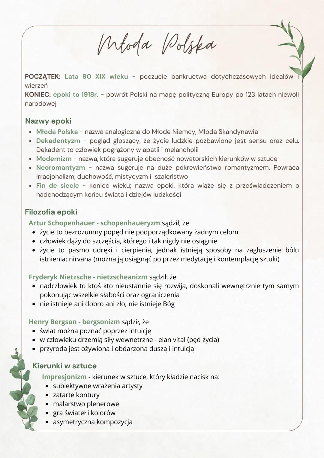 # Młoda Polska
POCZĄTEK: Lata 90 XIX wieku poczucie bankructwa dotychczasowych ideałów i
wierzeń
KONIEC: epoki to 1918r. powrót Polski na m