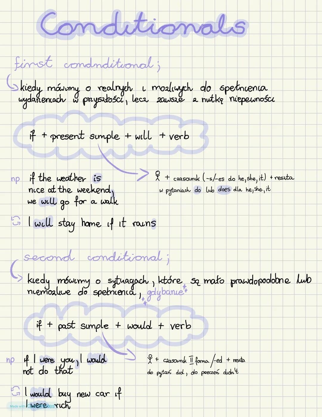 # Conditionals
first condnditional;
( kiedy mówimy o realnych i mozliwych do spetnienia
wydanencach w przyszłości, lecz zawsze z nutką niep