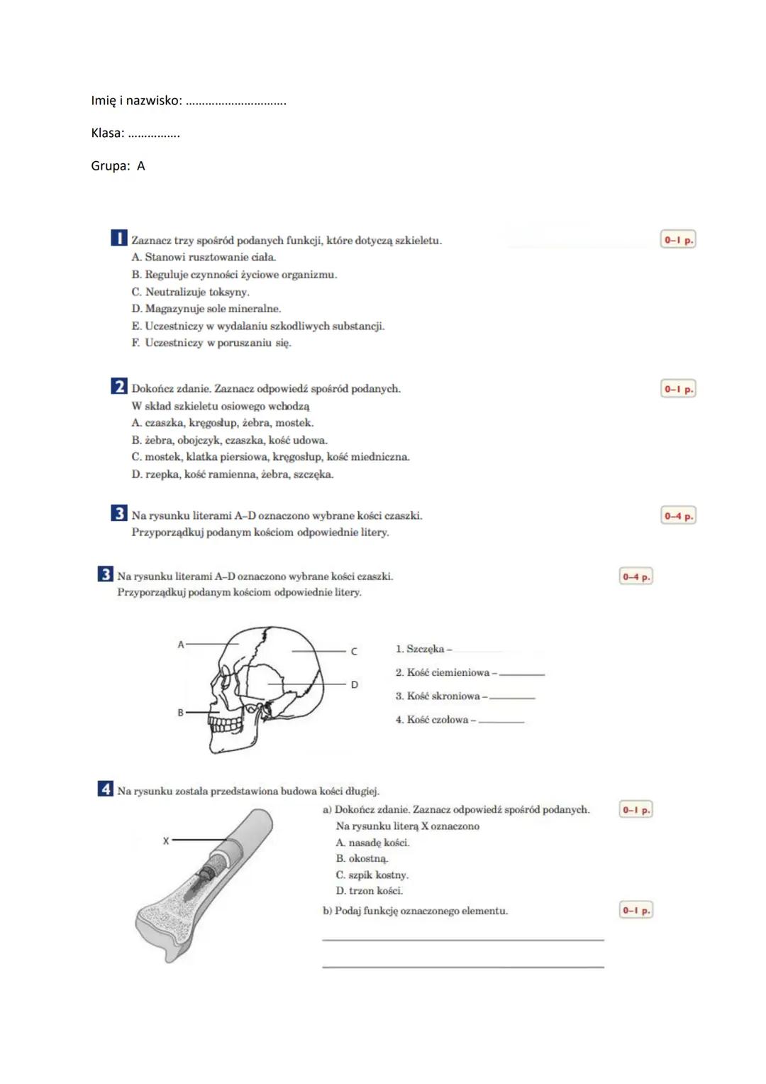 --- OCR Start ---
Imię i nazwisko:
Klasa:
Grupa: A
1 Zaznacz trzy spośród podanych funkcji, które dotyczą szkieletu.
A. Stanowi rusztowanie