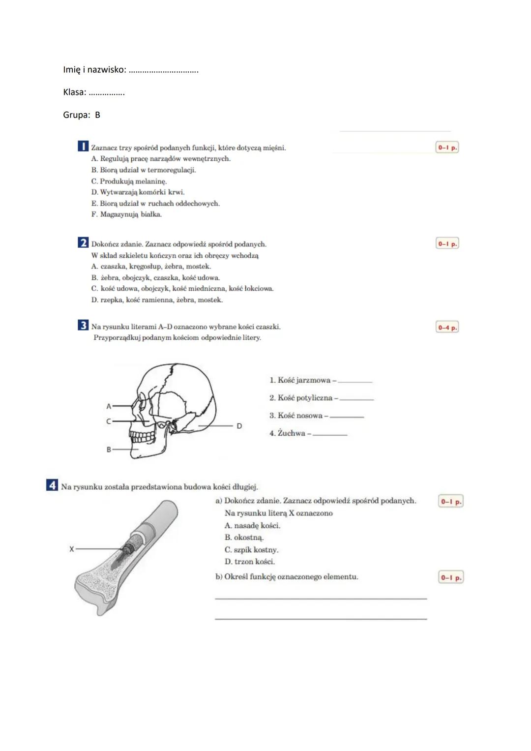 --- OCR Start ---
Imię i nazwisko:
Klasa:
Grupa: A
1 Zaznacz trzy spośród podanych funkcji, które dotyczą szkieletu.
A. Stanowi rusztowanie
