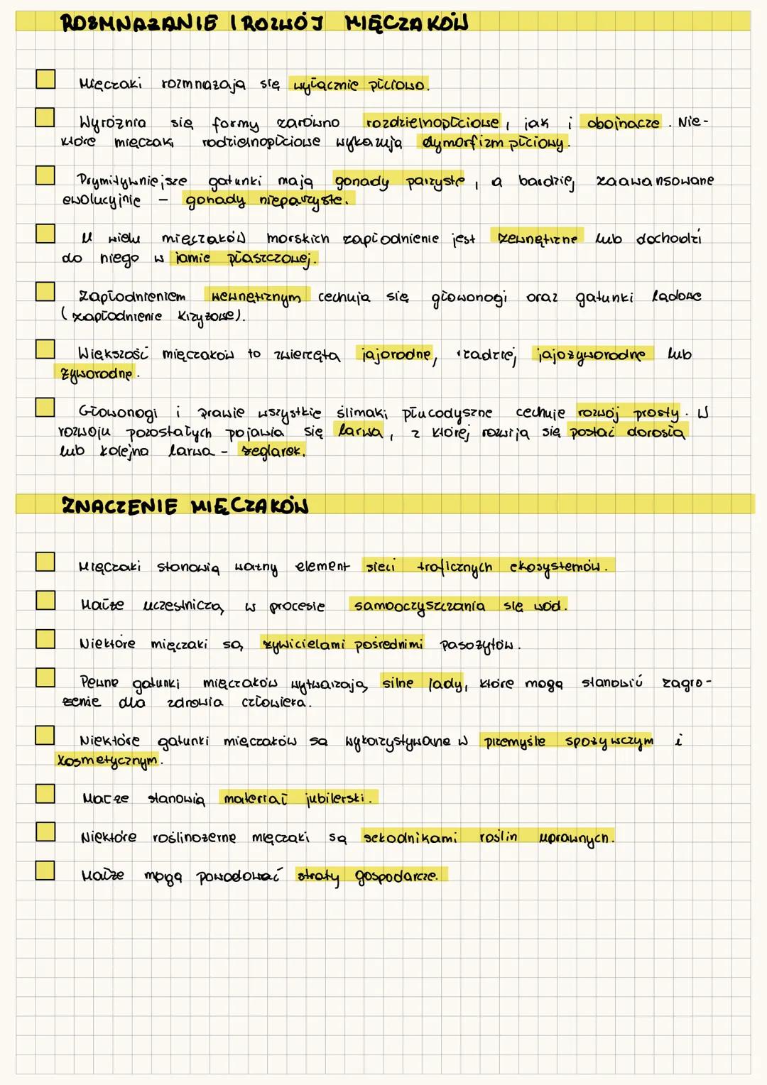 --- OCR Start ---
☐
☐
☐
☐
☐
)
mięczaki
Nięczaki xasiedlity prawie caią kule xlemsto, pizy czym edecydowana
większość gatunków zyje w morrach