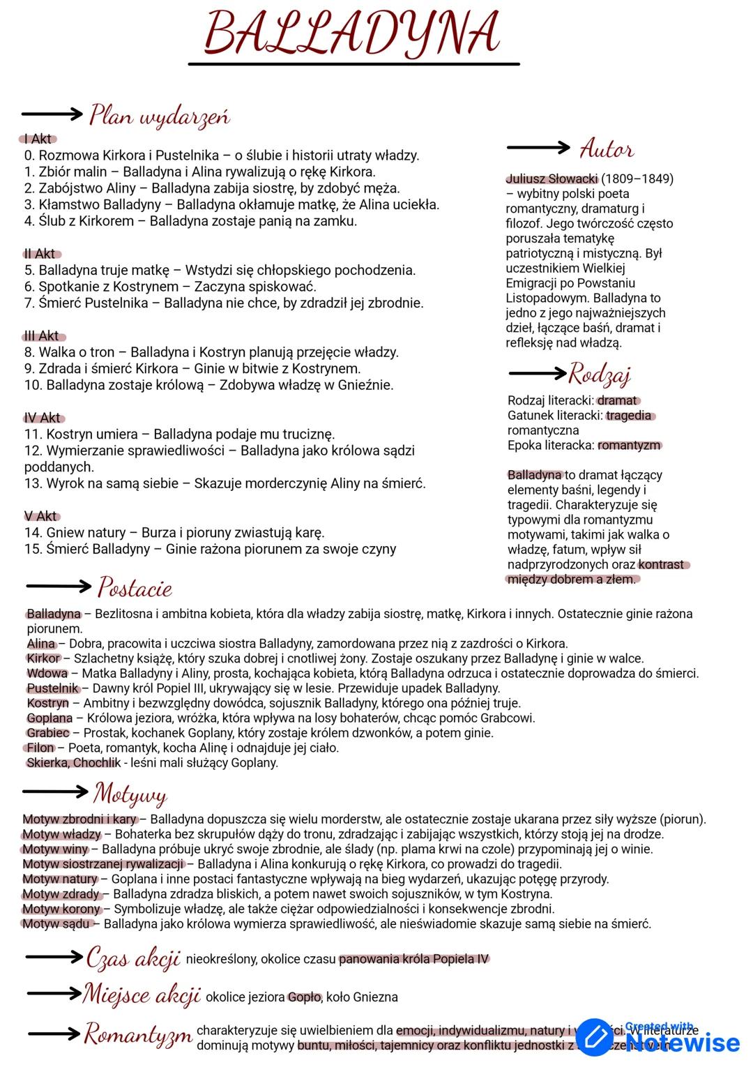 # BALLADYNA
- Plan wydarzeń
I Akt
0. Rozmowa Kirkora i Pustelnika o ślubie i historii utraty władzy.
1. Zbiór malin - Balladyna i Alina