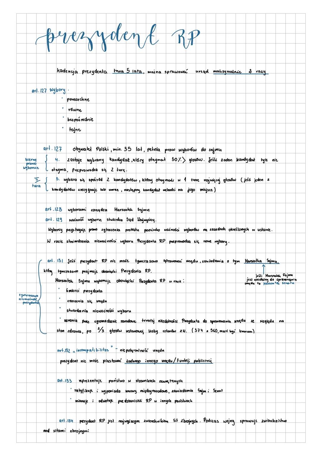 # prezydent RP
kadencja prezydenta trua 5 lata, można sprawować urząd maksymalnie 3 razy
art. 127 Wybory.
- powszechne
- rowne
- bezpośre