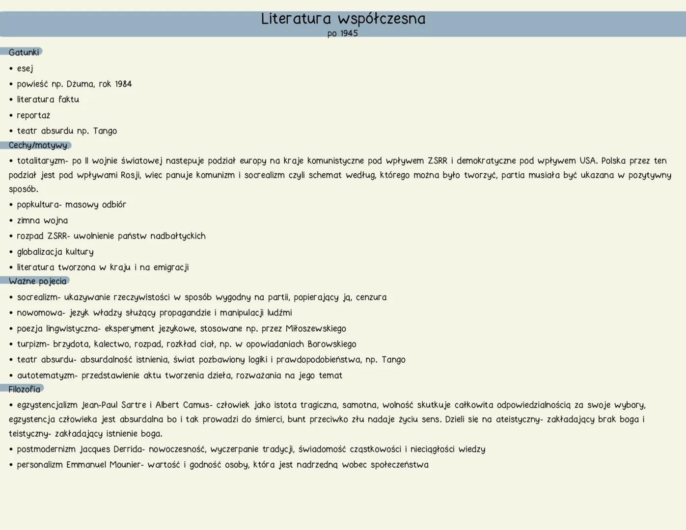 # Literatura współczesna
po 1945
Gatunki
* esej
* powieść np. Dżuma, rok 1984
* literatura faktu
* reportaż
* teatr absurdu np. T
