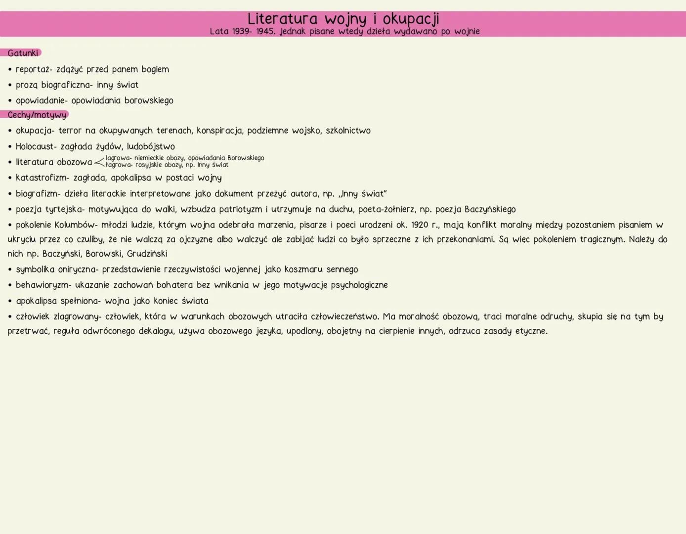 # Literatura wojny i okupacji
Lata 1939-1945. Jednak pisane wtedy dzieła wydawano po wojnie
## Gatunki
* reportaż- zdążyć przed panem bo