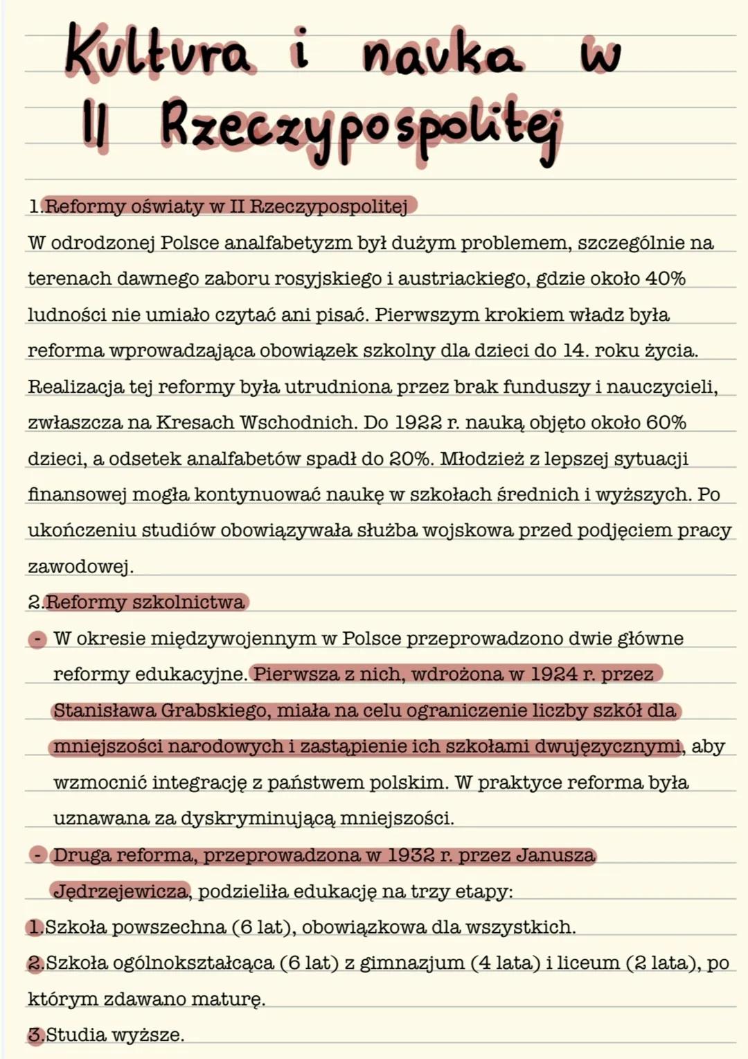 # Kultura i nauka w
II Rzeczypospolitej
1.Reformy oświaty w II Rzeczypospolitej
W odrodzonej Polsce analfabetyzm był dużym problemem, szcz