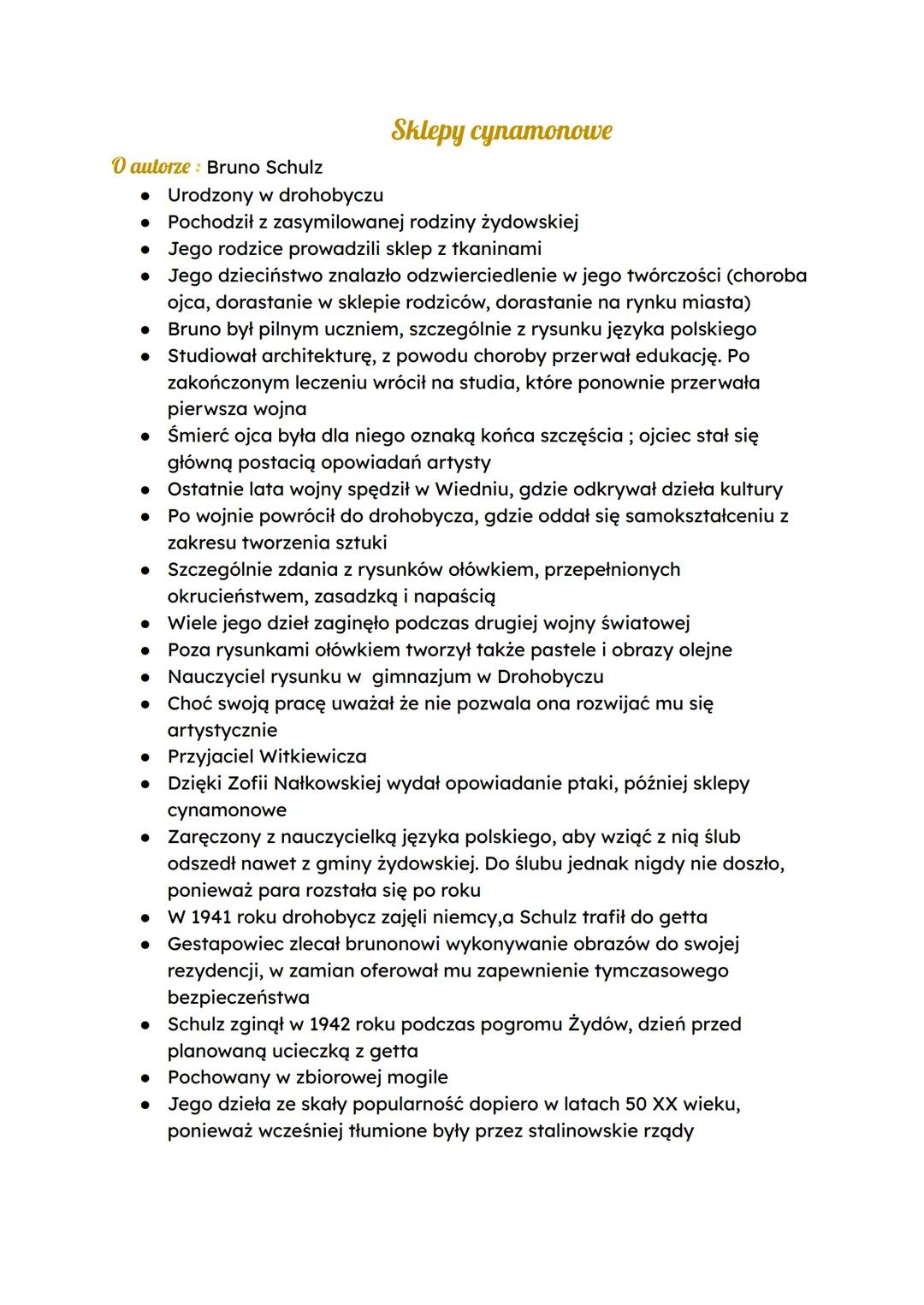 --- OCR Start ---
Sklepy cynamonowe
O autorze Bruno Schulz
• Urodzony w drohobyczu
Pochodził z zasymilowanej rodziny żydowskiej
Jego rodzice