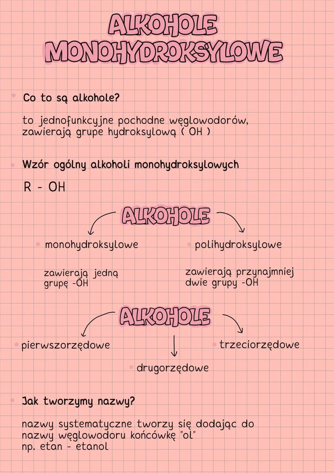 --- OCR Start ---
ALKOHOLE
MONOHYDROKSYLOWE
Co to są alkohole?
to jednofunkcyjne pochodne węglowodorów,
zawierają grupe hydroksylową (OH)
Wz