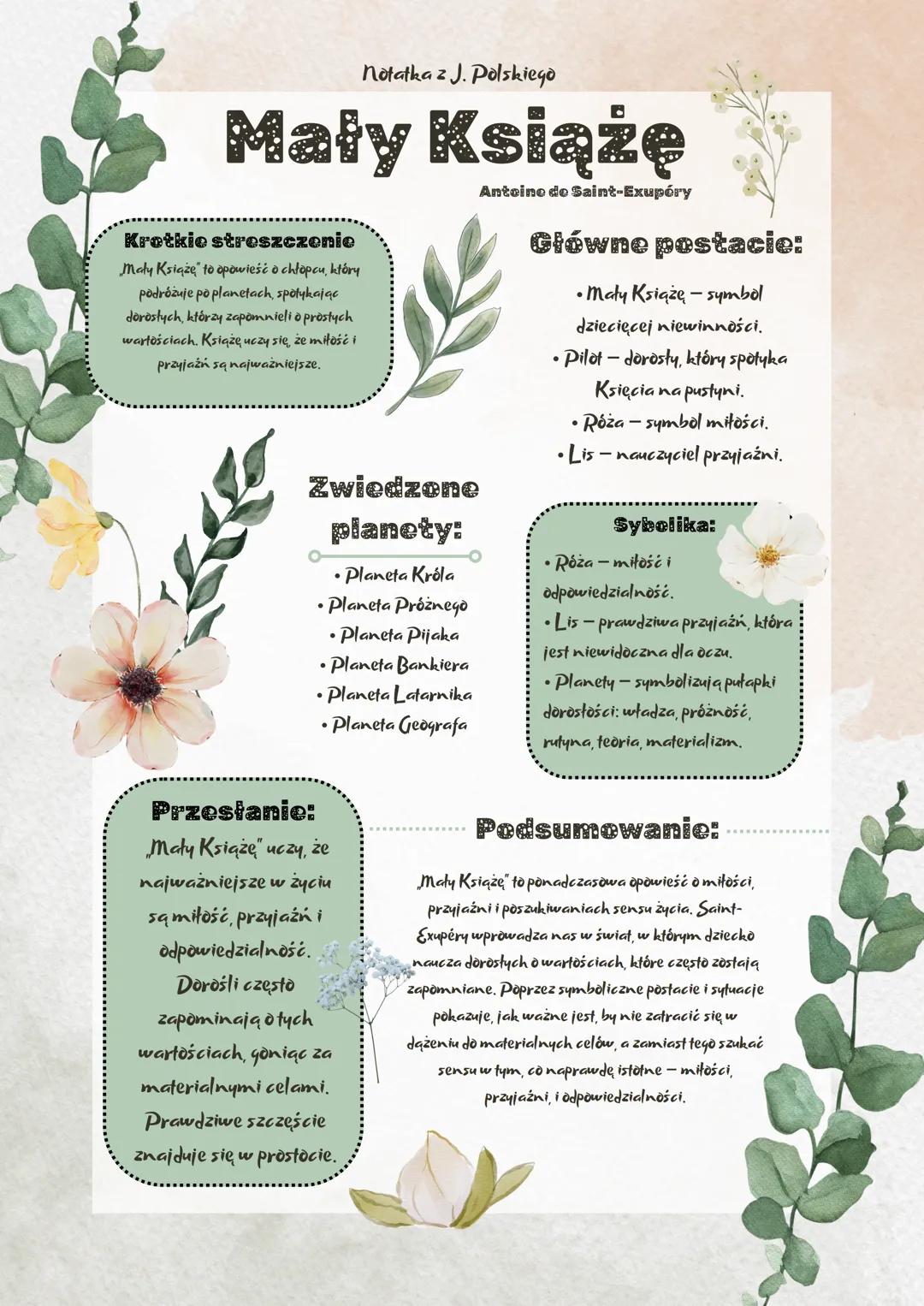 # Notatka z J. Polskiego
# Mały Książę
## Krotkie streszczenie
Mały Książe to opowieść o chłopcu, który
podróżuje po planetach, spotykają