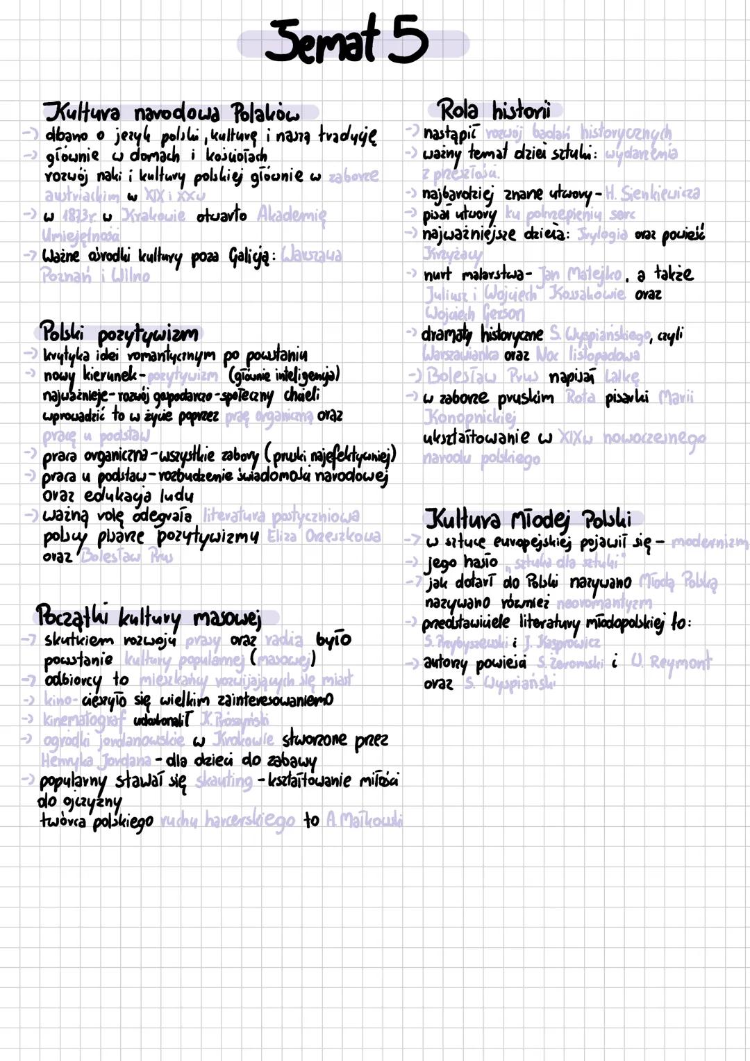 # Jemat 5
Kultura navodowa Polaków
- dbano o jezyk polski, kulturę i naszą tradycję
→głównie w domach i kościołach
- rozwój naki i kultury