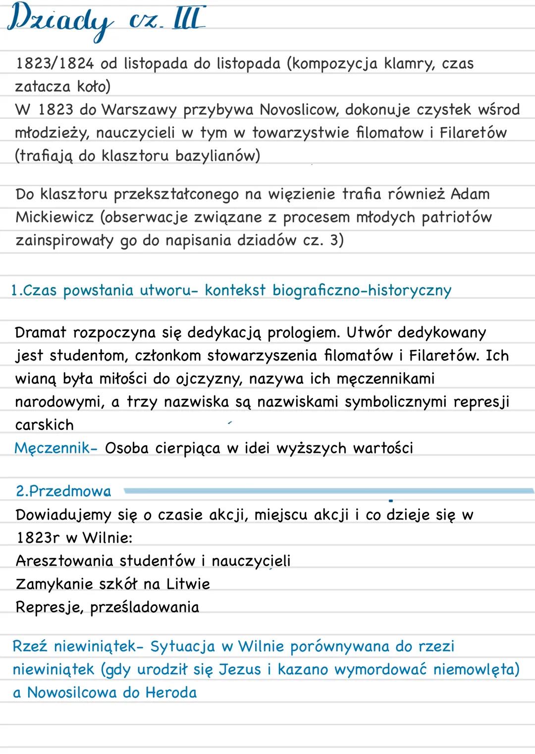 # Dziady oz. III
1823/1824 od listopada do listopada (kompozycja klamry, czas
załacza koło)
W 1823 do Warszawy przybywa Novoslicow, dokonu