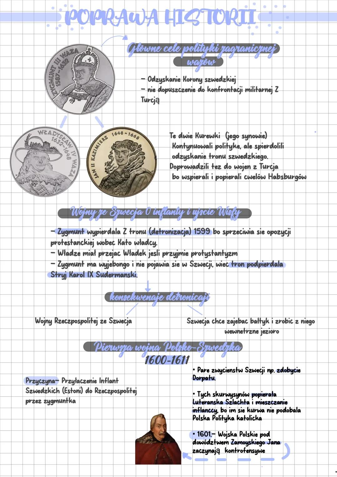 # POPRAWA HISTORTI
ZYGMUNT III WAZA
1587-1632
Glowne cele polityki zagranicznej
wayow
- Odzyskanie Korony szwedzkiej
- nie dopuszczenie do