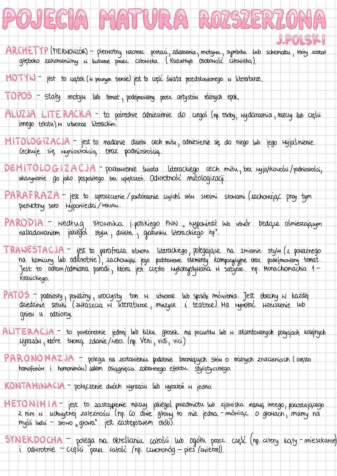 # POJECIA MATURA ROZSZERZONA
J.POLSKI
ARCHETYP (PIERHONZOR) - pierwotny wzorzec postaci, zdarzenia, motynu, symbolu lub schematu, który zos