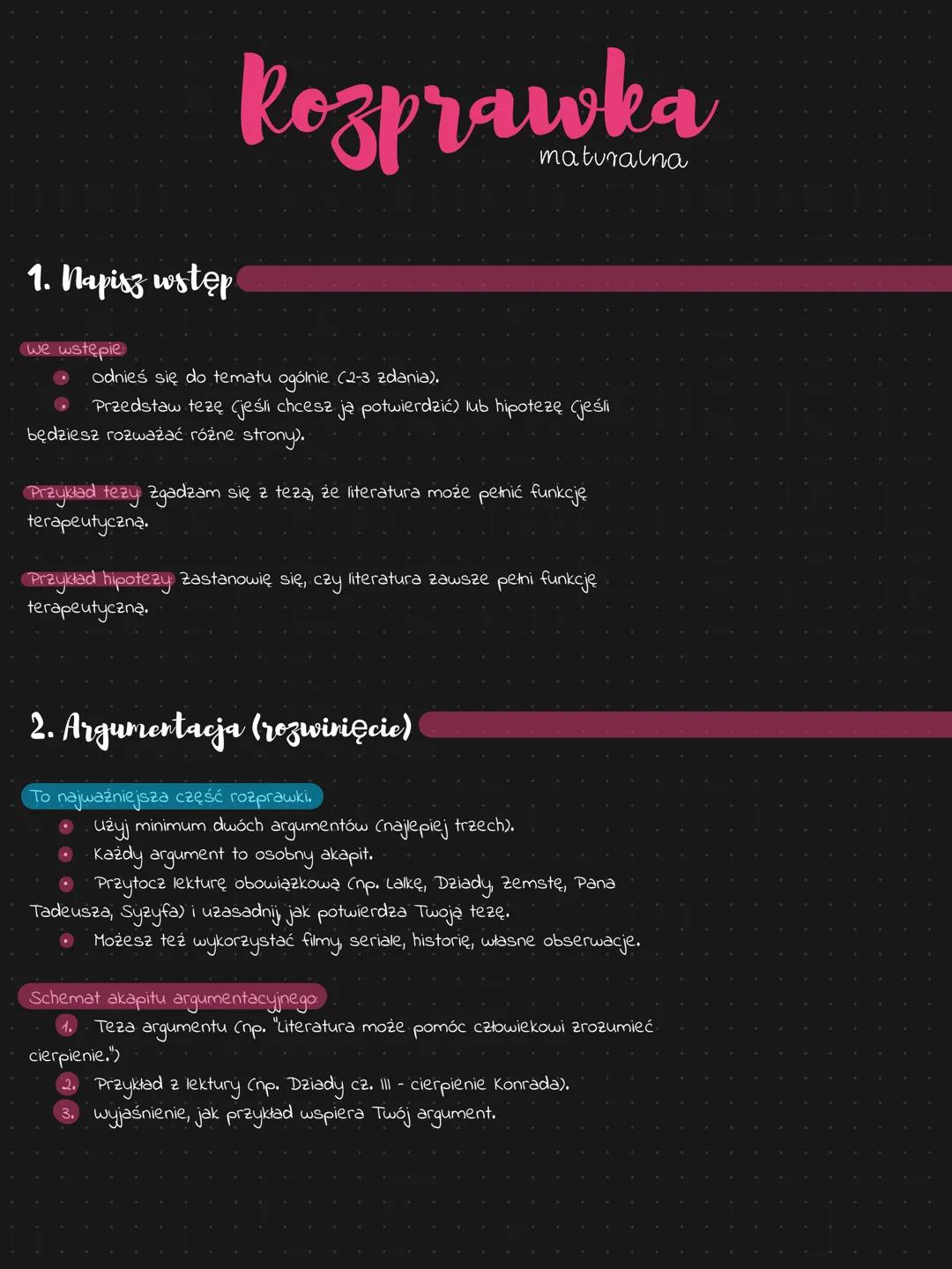 # Rozprawka
maturalna
# 1. Napisz wstęp
we wstępie
- odnieś się do tematu ogólnie (2-3 zdania).
- Przedstaw tezę (jeśli chcesz ją potwierd