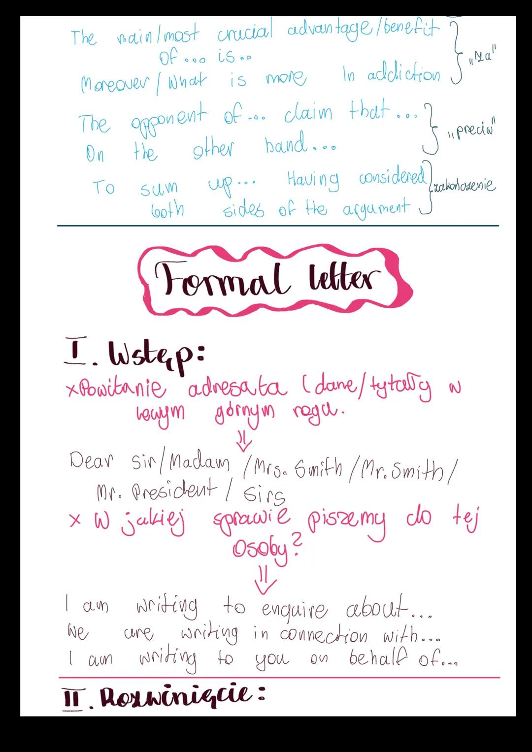 # Opinion essay
I. Wstęp:
* Predstawienie opinii: x Sprecyzowana
Teza:
↓
It is a popular belief that.... Most people agree that.... It is