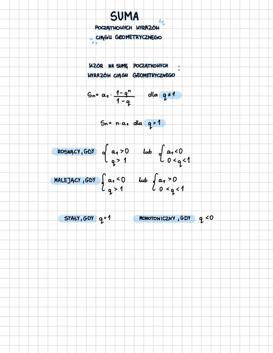 --- OCR Start ---
CIAG
GEOMETRYCZNY
WZÓR OGÓLNY:
an = a₁q<sup>n-1</sup> dla n≥2
iloraz ciągu
np. a₃ = a₁q<sup>2</sup>
ILORAZ CIĄGU:
q = a<