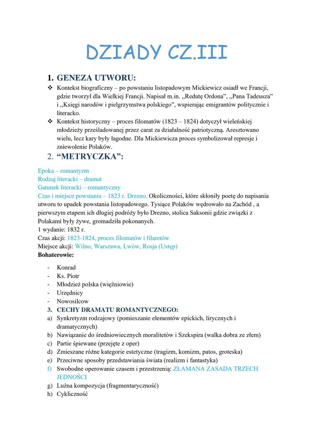 # DZIADY CZ.III
1. GENEZA UTWORU:
* Kontekst biograficzny - po powstaniu listopadowym Mickiewicz osiadł we Francji,
gdzie tworzył dla W