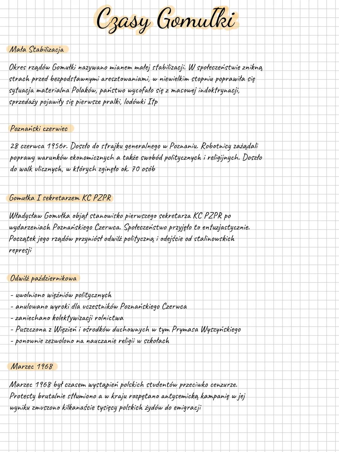 # Czasy Gomulki
Mała Stabilizacja
Okres rządów Gomułki nazywano mianem małej stabilizacji. W społeczeństwie znikną
strach przed bezpodstaw