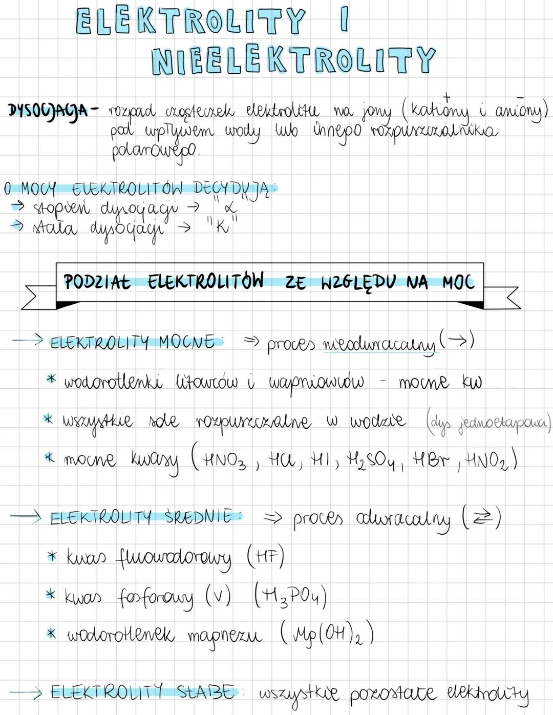 # ELEKTROLITY I
# NIEELEKTROLITY
DYSOCJACJA - rozpad cząsteczek elektrodite na jony (katióny i aniony)
pod wpływem wody lub innepo rozpiszc