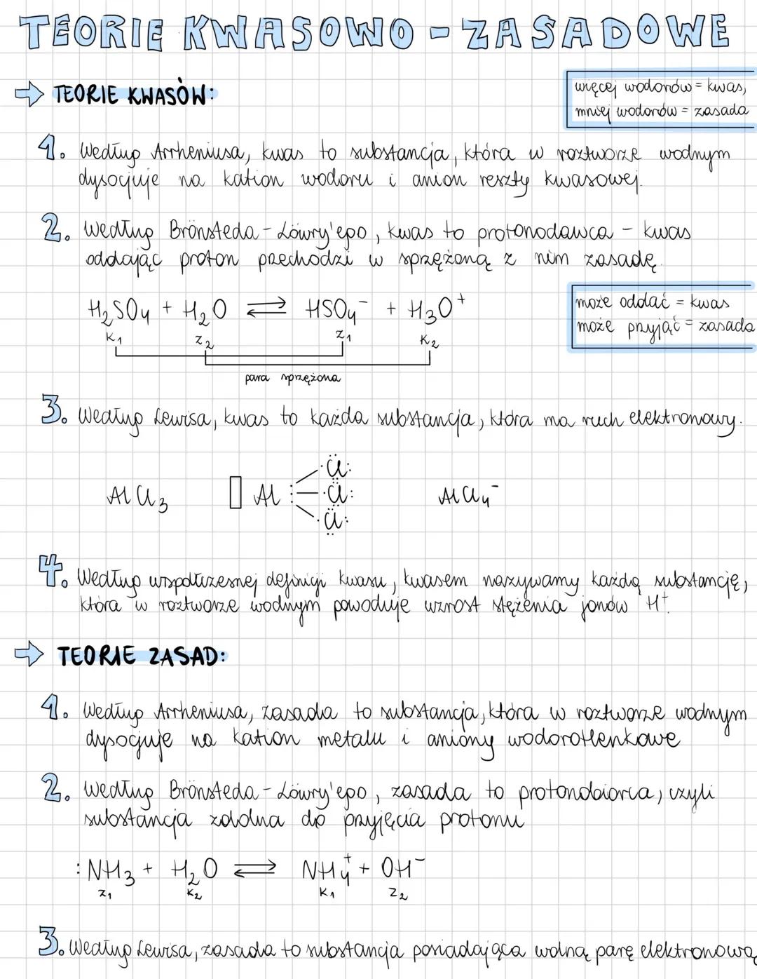 # TEORIE KWASOWO-ZASADOWE
TEORIE KWASÓW:
więcej wodonów = kwas,
mniej wodorów = zasada
4. Weding Arrheniusa, kwas to substancja, która w