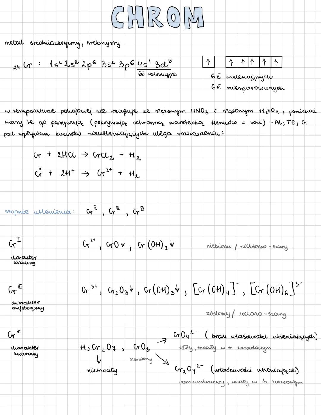 --- OCR Start ---
CHROM
metal średnioaktywny, srebrzysty
24Cr:1s^{2}2s^{2}2p^{6}3s^{2}3p^{6}\frac{4s^{1}3d^{5}}{\overline{e}malenyine}
↑
6\o