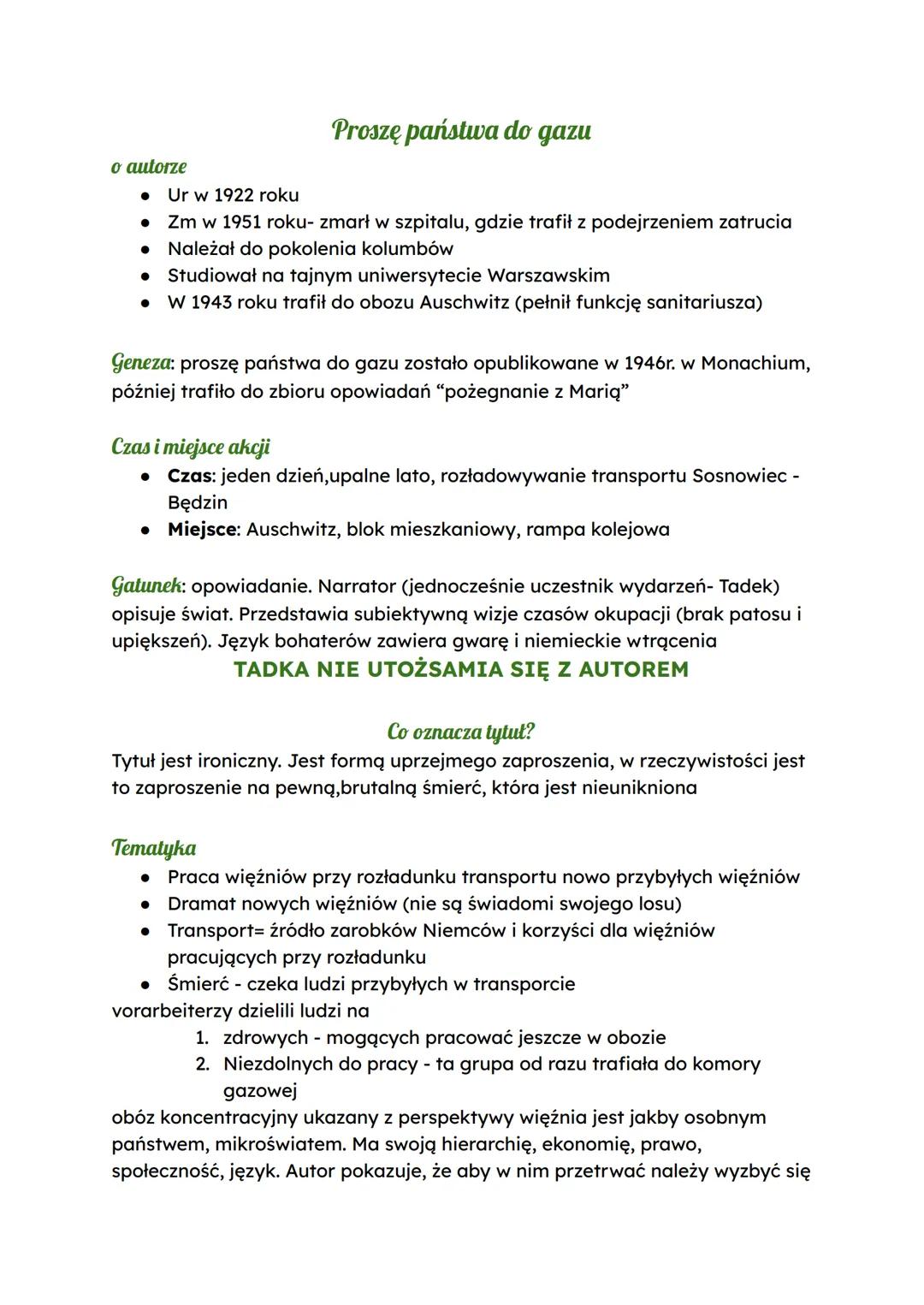 # Proszę państwa do gazu
o autorze
* Ur w 1922 roku
* Zm w 1951 roku- zmarł w szpitalu, gdzie trafił z podejrzeniem zatrucia
* Należ