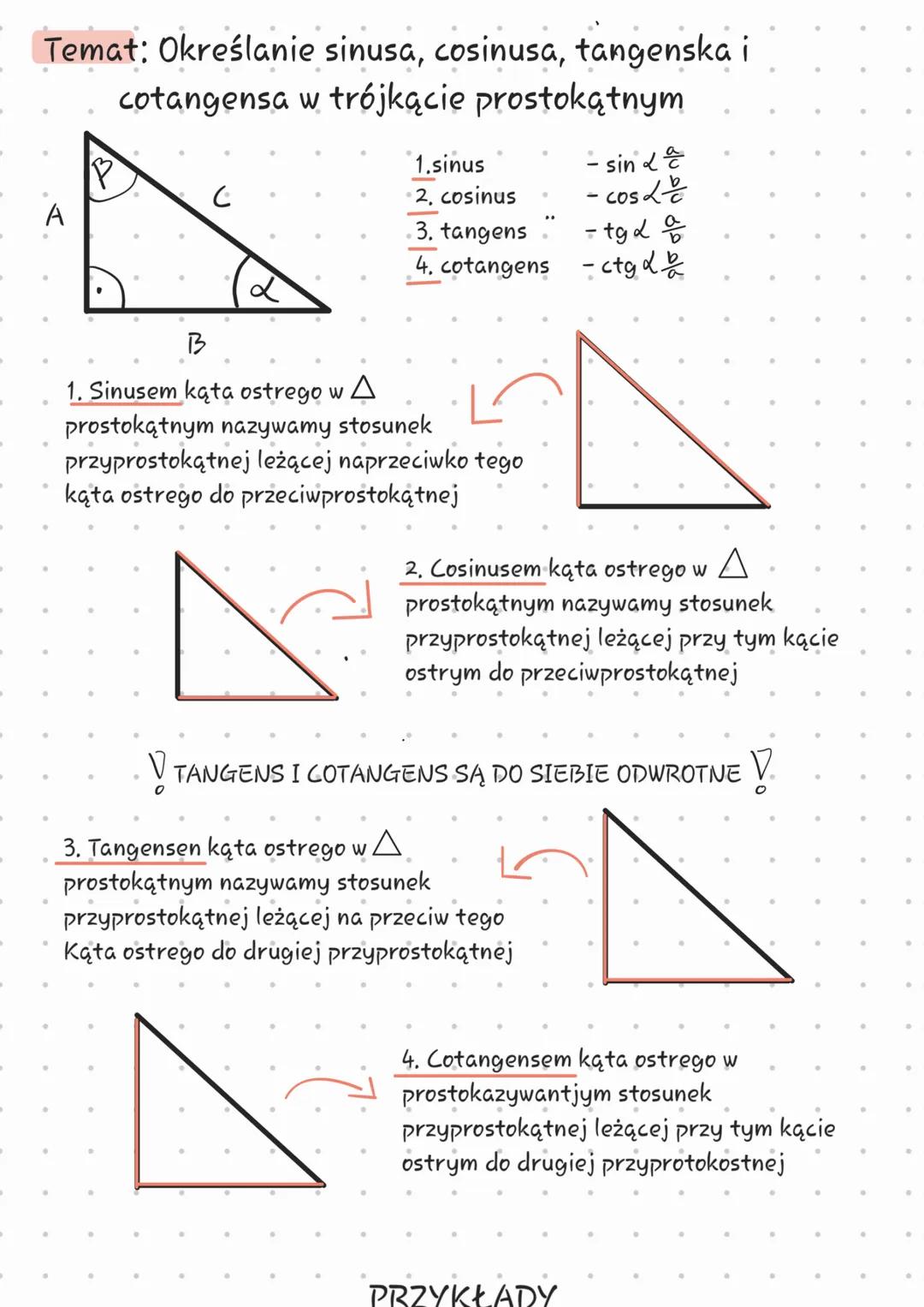 Określanie sinusa, cosinusa, tangenska i cotangensa w trójkącie prostokątnym