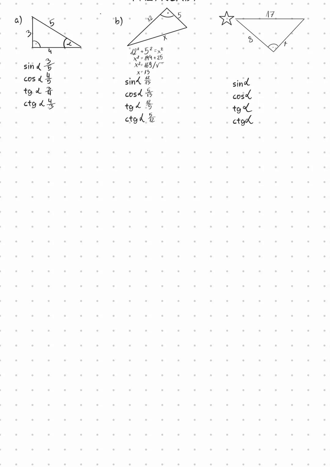 # Temat: Określanie sinusa, cosinusa, tangenska i
cotangensa w trójkącie prostokątnym
1.sinus - $sin \frac{a}{c}$
2. cosinus - $cos \frac{