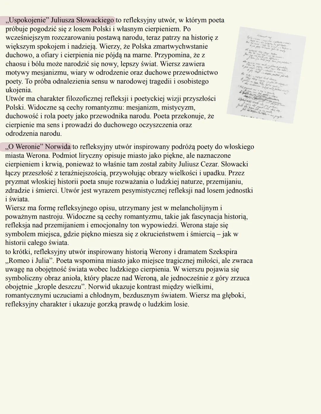 # „Uspokojenie" Juliusza Słowackiego to refleksyjny utwór, w którym poeta
próbuje pogodzić się z losem Polski i własnym cierpieniem. Po
wcz