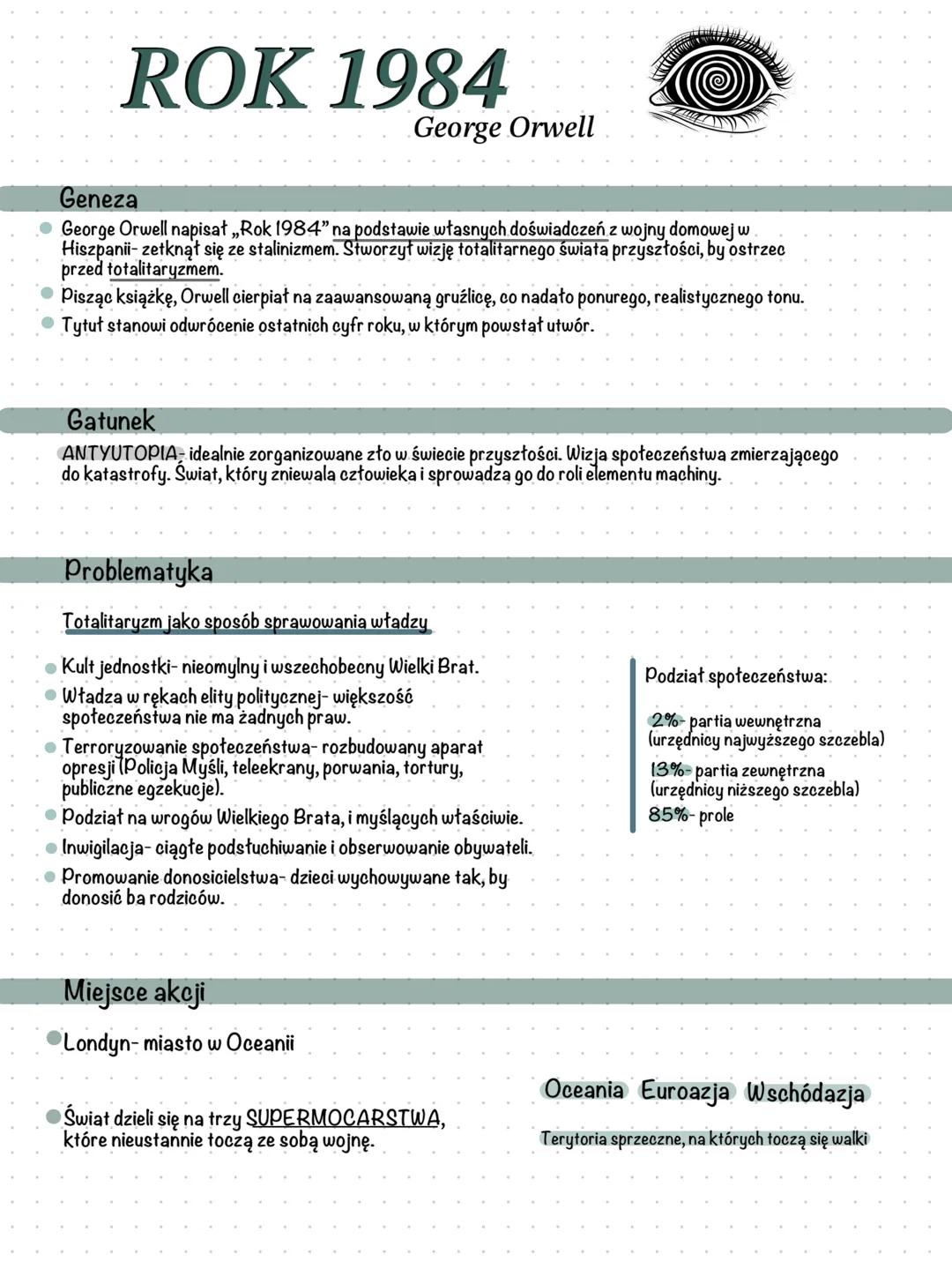 --- OCR Start ---
ROK 1984
Geneza
George Orwell
George Orwell napisał,,Rok 1984" na podstawie własnych doświadczeń z wojny domowej w
Hiszpan