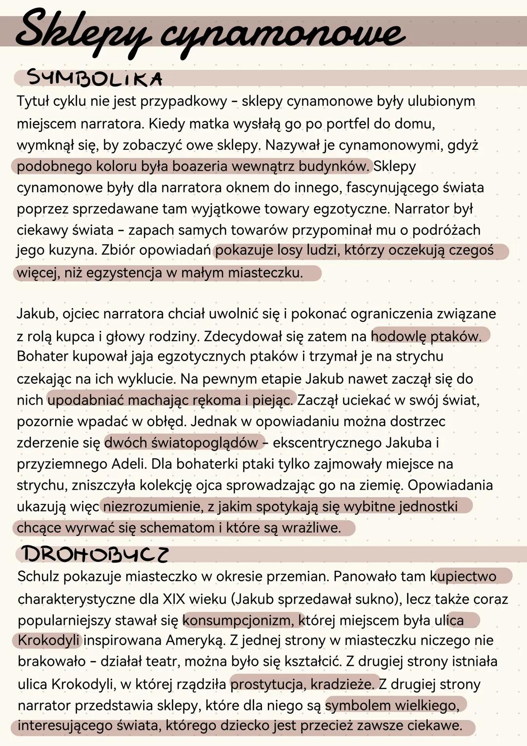 --- OCR Start ---
Sklepy cynamonowe
SYMBOLIKA
Tytuł cyklu nie jest przypadkowy - sklepy cynamonowe były ulubionym
miejscem narratora. Kiedy