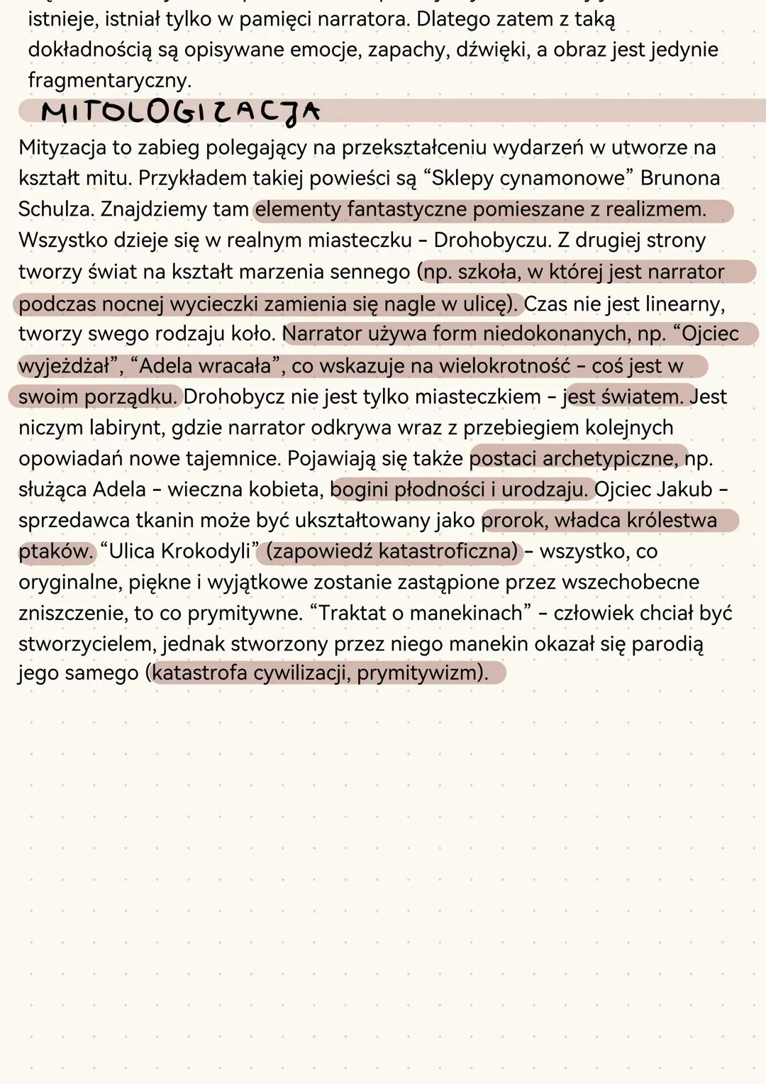 --- OCR Start ---
Sklepy cynamonowe
SYMBOLIKA
Tytuł cyklu nie jest przypadkowy - sklepy cynamonowe były ulubionym
miejscem narratora. Kiedy