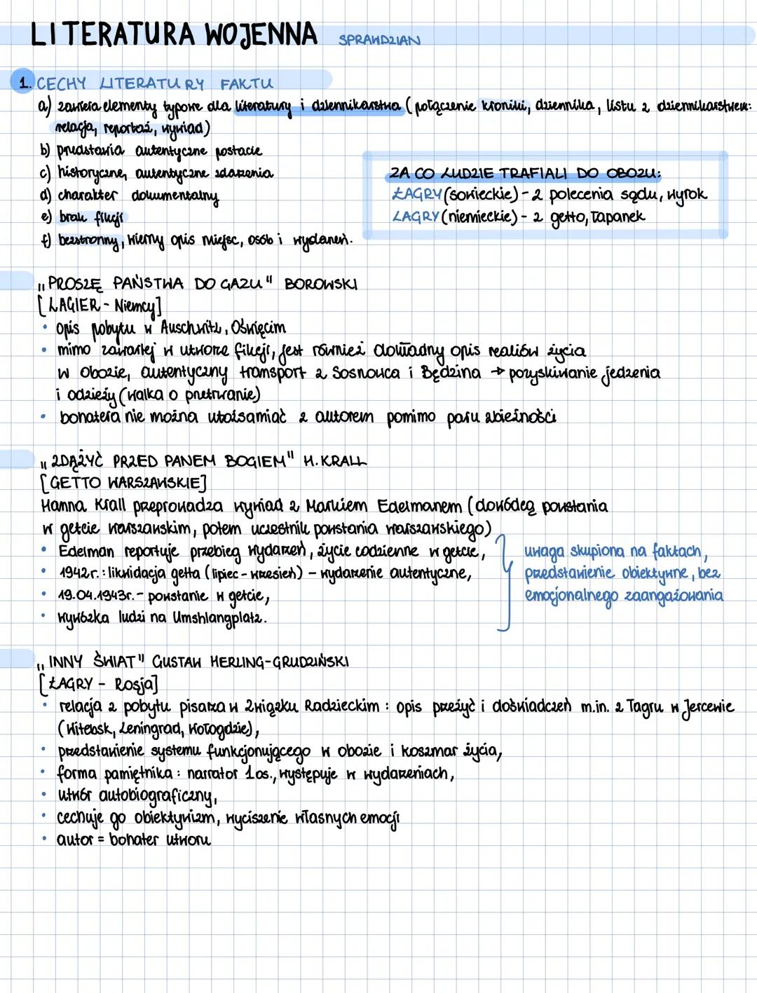 # LITERATURA WOJENNA SPRAWDZIAN
1. CECHY ITERATURY FAKTU
a) zawiera elementy typowe dla literatury i dziennikarstwa (połączenie kroniki, d