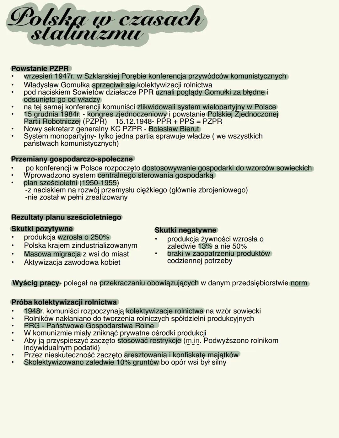 # Polską w czasach
stalinizmu
Powstanie PZPR
- wrzesień 1947r. w Szklarskiej Porębie konferencja przywódców komunistycznych
- Władysław Go