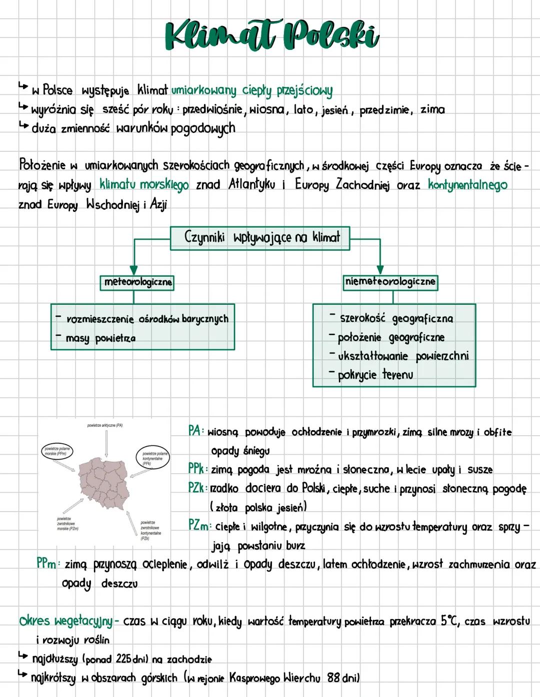 --- OCR Start ---
Klimat Polski
└ w Polsce występuje klimat umiarkowany ciepły przejściowy
└ wyróżnia się sześć pór roku: przedwiośnie, wios