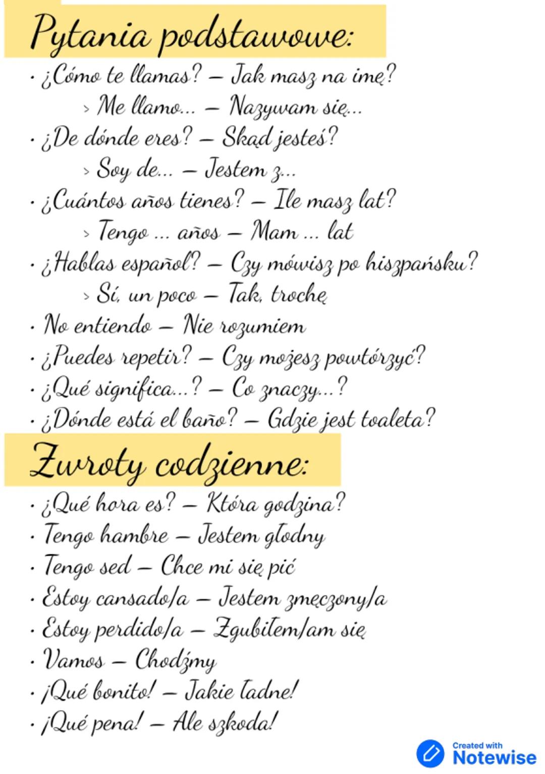 --- OCR Start ---
Przywitania:
•¡Hola! - Cześć!
• Buenos días - Dzień dobry (rano)
Buenas tardes - Dzień dobry / Dobry wieczór (po
południu)