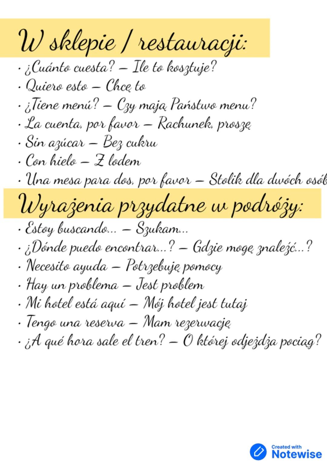 --- OCR Start ---
Przywitania:
•¡Hola! - Cześć!
• Buenos días - Dzień dobry (rano)
Buenas tardes - Dzień dobry / Dobry wieczór (po
południu)