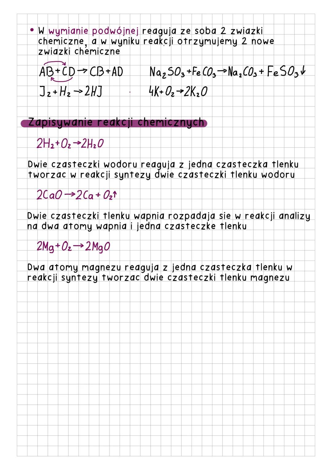 # Reakcje chemiczne
Substraty - atomy lub zwiazki chemiczne reagujace w
reakcji chemicznej
Produkty - atomy lub zwiazki chemiczne powstaja