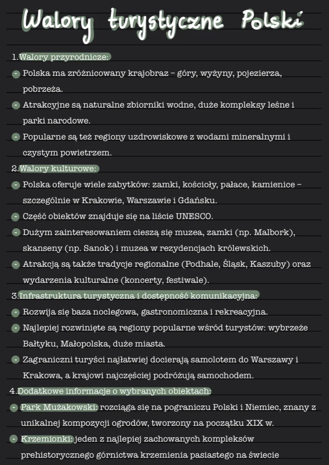 # Walory turystyczne Polski
1. Walory przyrodnicze:
- Polska ma zróżnicowany krajobraz - góry, wyżyny, pojezierza,
pobrzeża.
- Atrakcyjne