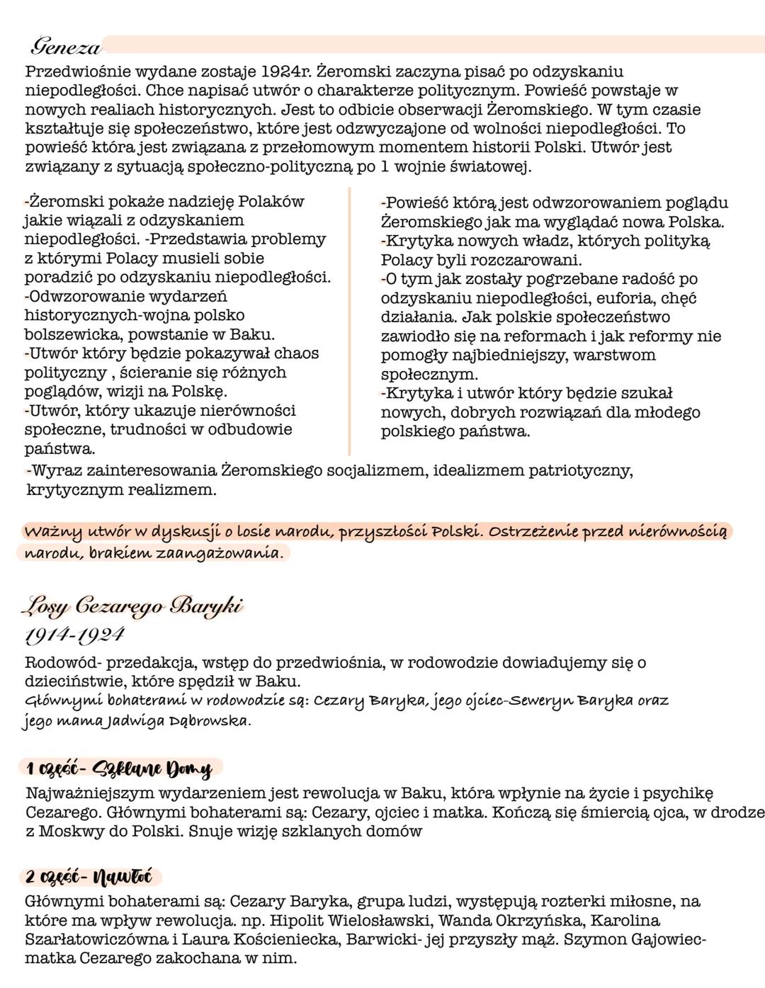 # Geneza
Przedwiośnie wydane zostaje 1924r. Żeromski zaczyna pisać po odzyskaniu
niepodległości. Chce napisać utwór o charakterze polityczn